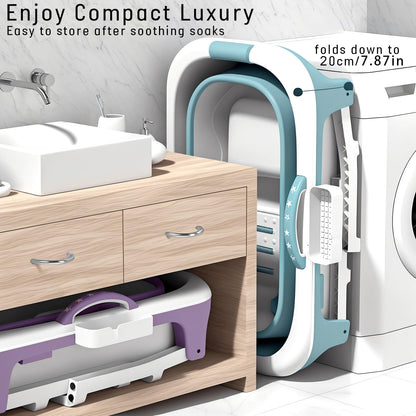 PlayNeew 103cm Portable Folding Bathtub, Small Foldable Soaking Tub with Ergonomic Seat & Massage Roller, Large Collapsible Freestanding Tub for Adults, Hot/Ice Bath Blue