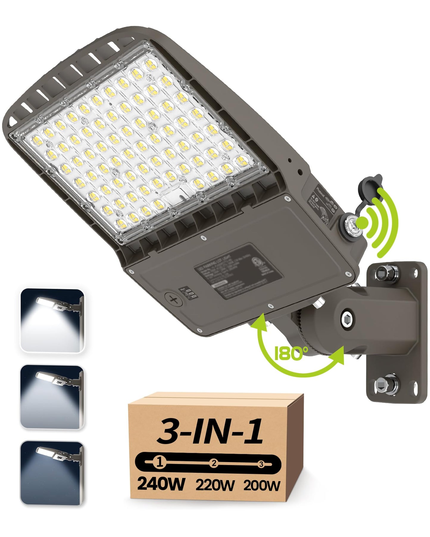 AULACE LED Parking Lot Light 240W/220W/200W Selectable, Dimmable 38400LM 160LM/W 5000K, Dusk to Dawn Photocell, IP65/ETL/100-277V, Arm Mount & Slip Fitter for Plazas, Streets, Commercial Areas & Lots