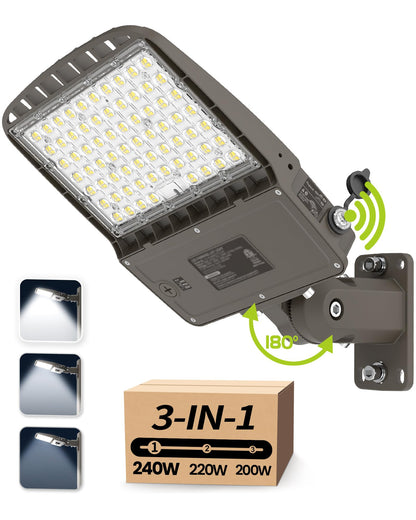 AULACE LED Parking Lot Light 240W/220W/200W Selectable, Dimmable 38400LM 160LM/W 5000K, Dusk to Dawn Photocell, IP65/ETL/100-277V, Arm Mount & Slip Fitter for Plazas, Streets, Commercial Areas & Lots