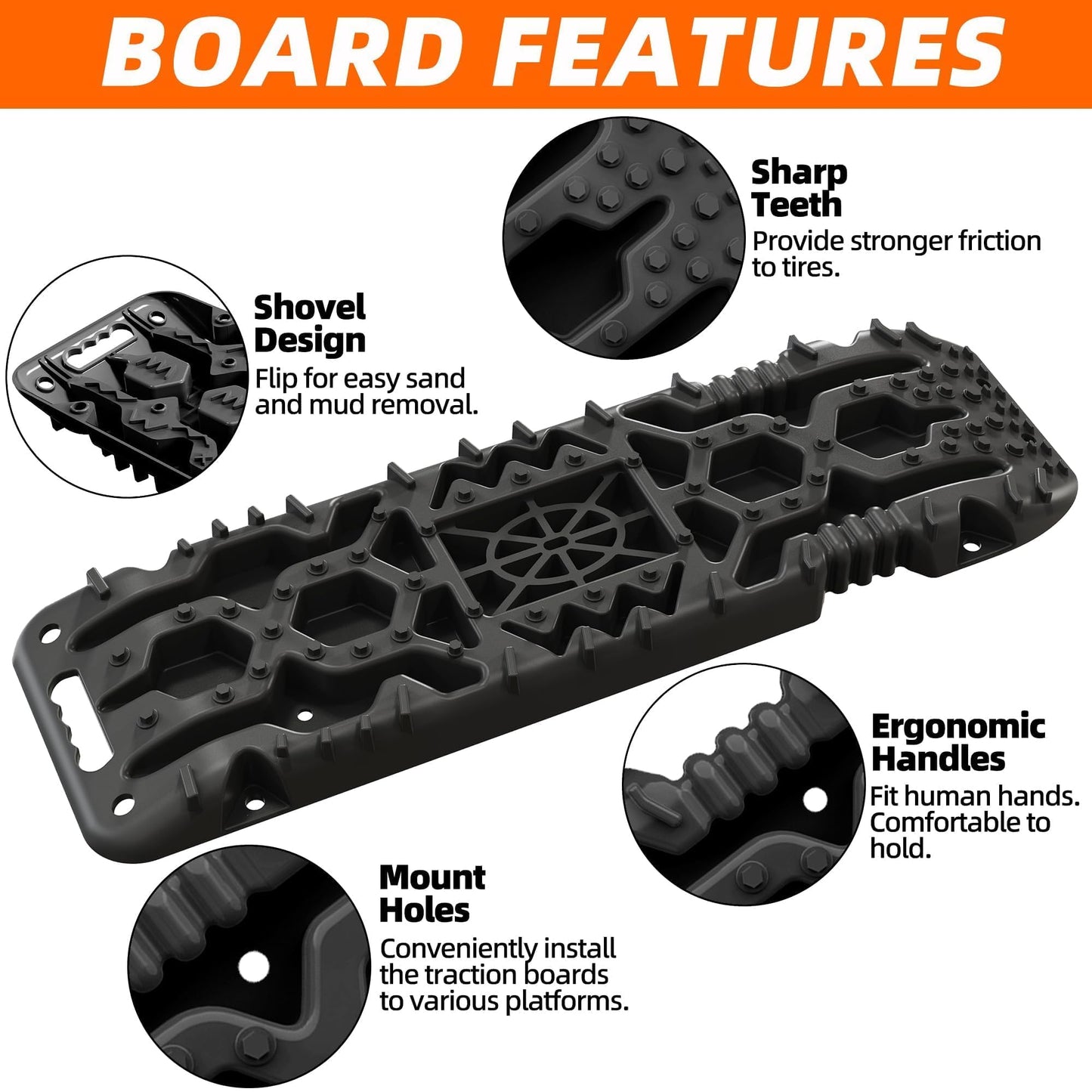 ALL-TOP Traction Boards with Build-in Jack Base, 2PCS Recovery Boards & Mounting Kit for Overlanding (4th Gen, Black)