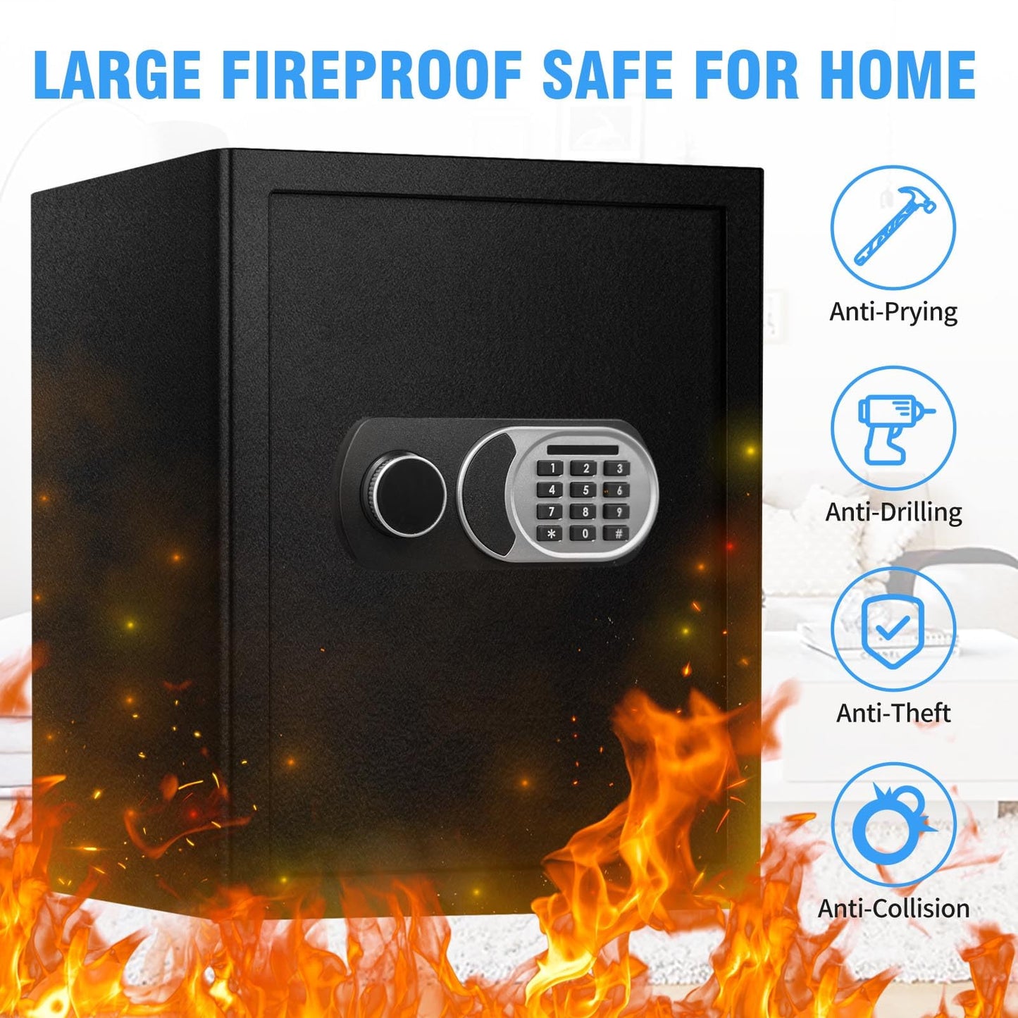 2.5 Cubic Feet Home Safe, Fireproof Waterproof Anti-Theft Safety Box, Digital Keypad Lock with Smart Alert System, Spare Keys for Money Documents Storage