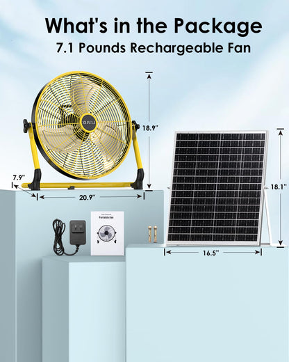 ZHULI 18" Solar Fan, Portable Battery Operated Floor Fan, Rechargeable Cordless Camping Fan, 40W Solar Panel, Hi-Velocity Brushless Motor, Metal blade, USB Phone Charge, 8~60H Runtime, Quiet, Wireless