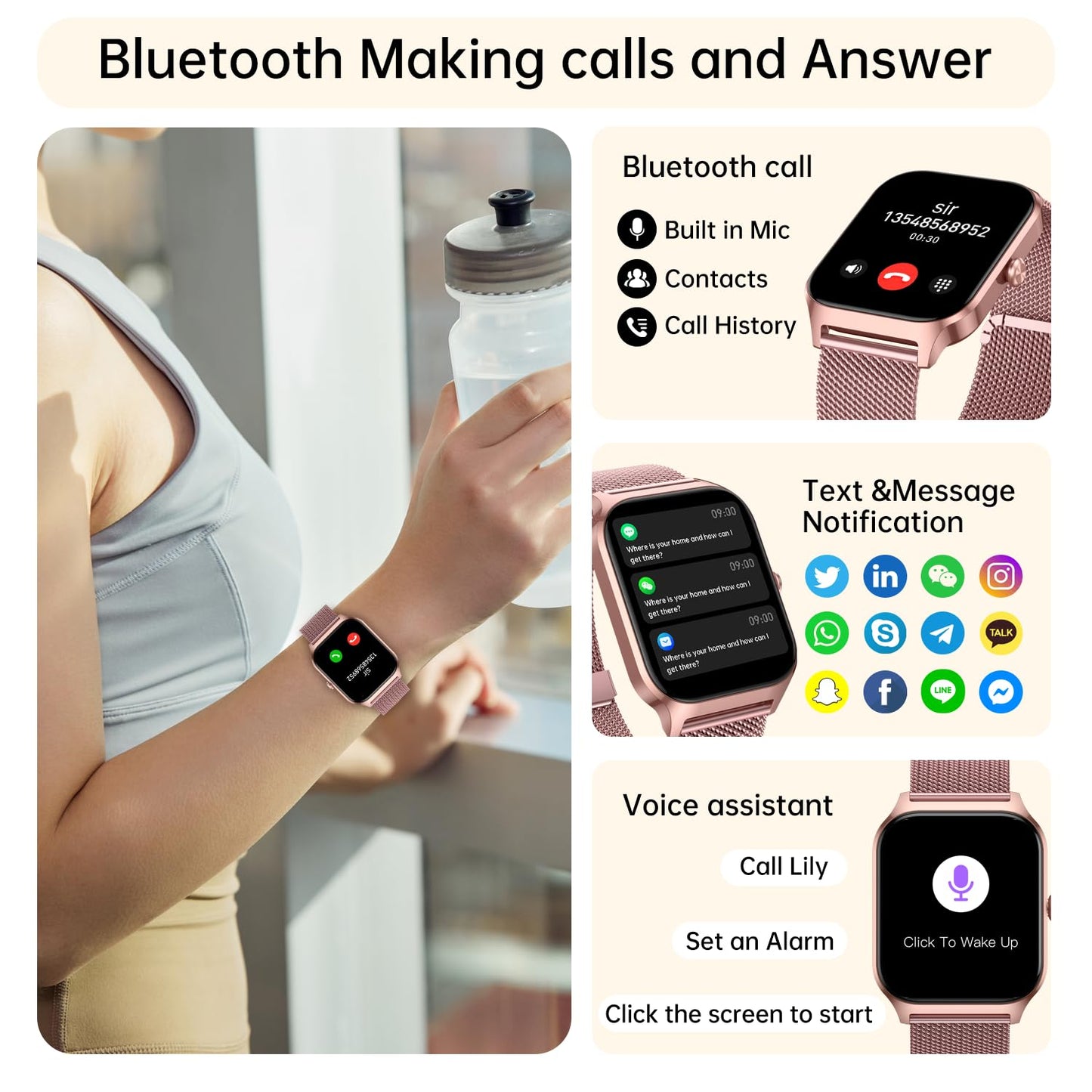 Smart Watch for Women Fitness Tracker: Rose Gold Make/Answer Call Smart Watches for Women Waterproof Digital Mens Watches Running Smartwatch Android Phone iPhone Samsung Compatible Heart Rate Monitor