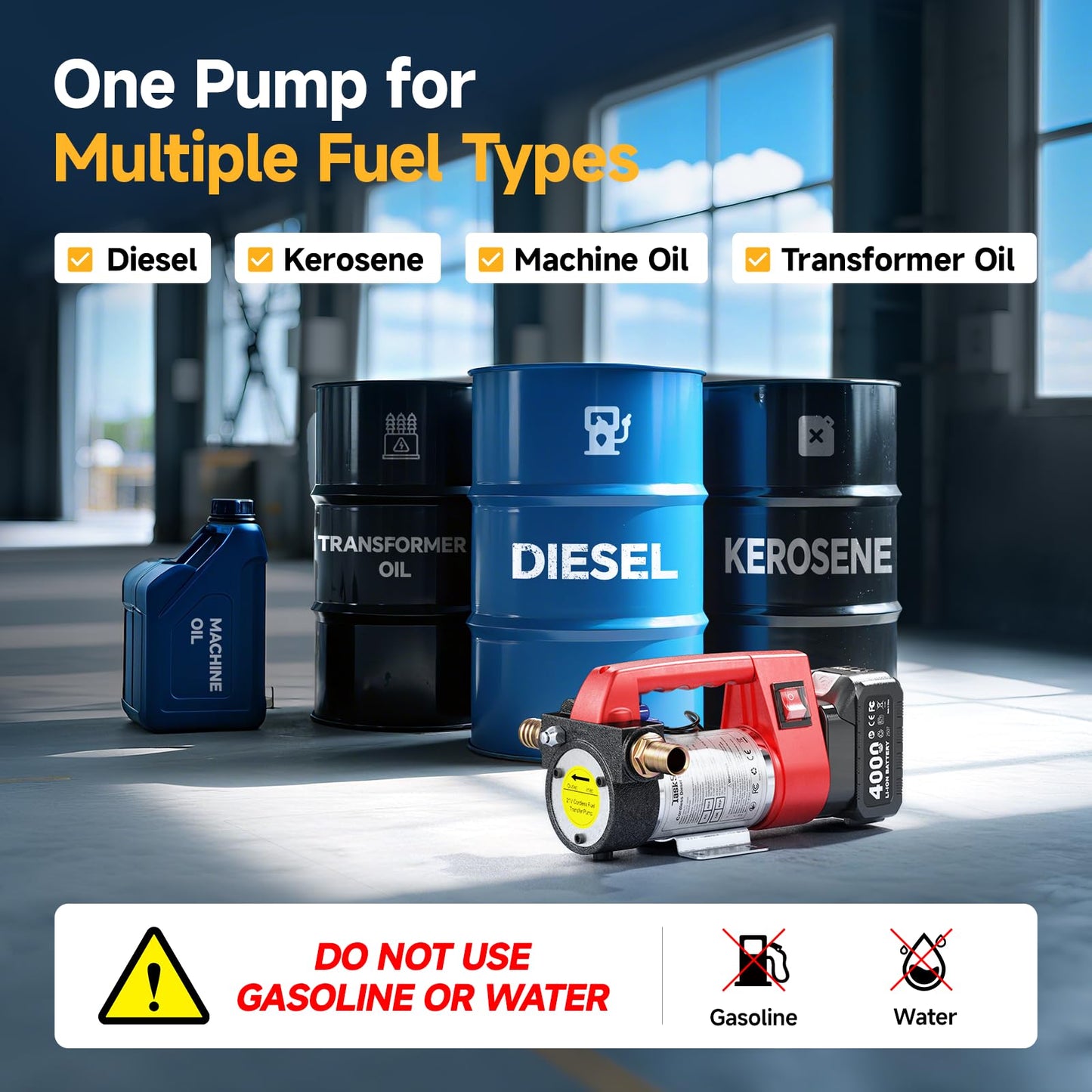 TaskStar Fuel Transfer Pump Battery Powered, 12GPM Electric Pump Kit with 18V 4.0Ah Battery & Charger, Portable Cordless Pump with Auto-off Nozzle & 2x 6.6FT Hoses for Diesel Kerosene Transfer