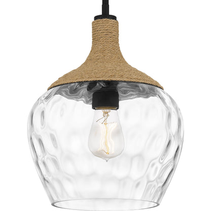 Quoizel Royer 1-Light Mini Pendant, Matte Black, Clear Water Glass with Rope Detail, Coastal Hanging Light for Kitchen, Bedroom or Bar