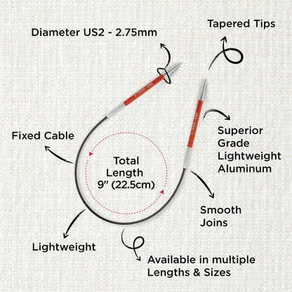 KnitPro Zing Fixed Circular Needles 9" (22.5cm) | US Size 2 (2.75mm)