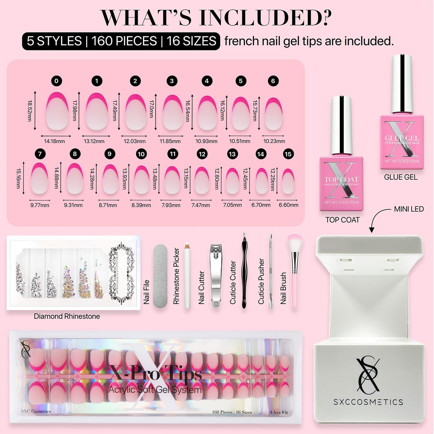 SXC Cosmetics French Tip Press On Nails - Skin Tone Nude and Color Series, Short Coffin X-Pro Tips Starter Kit ST119KIT