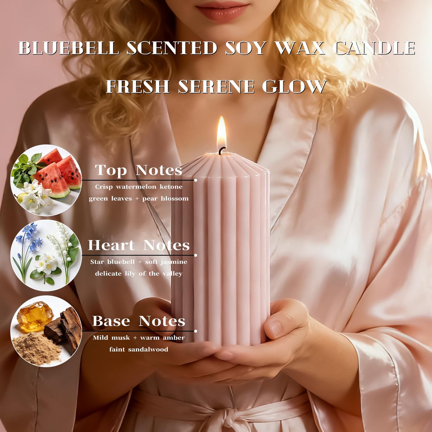 Pink Ribbed Pillar Candle Set of 3 - Wild Bluebell Scented Soy Wax Candle,Aesthetic Decorative Textured Pillar for Home Decor-2.8x4,6,8in Long Lasting Fragrance for Mother’s Day Gifts,Spa,Wedding