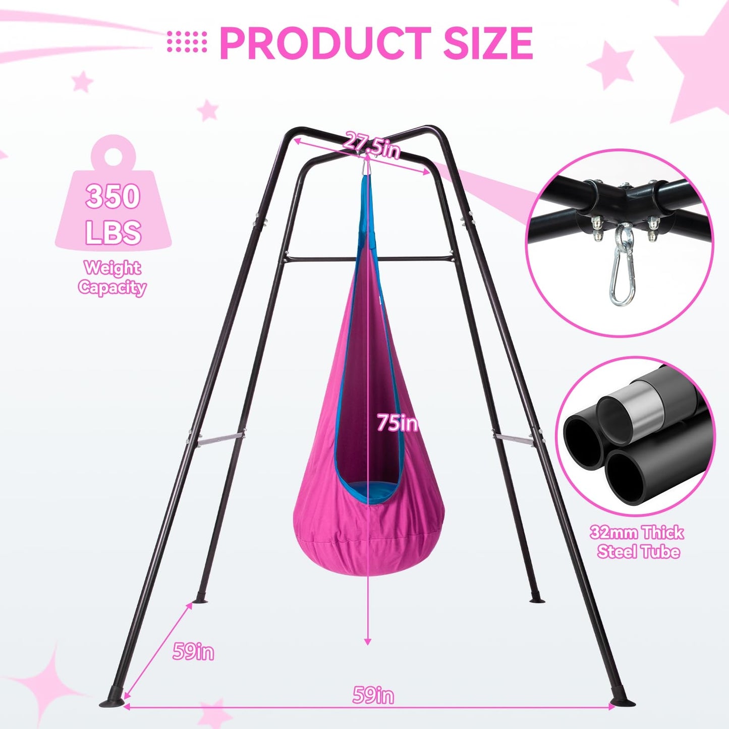 Swing Stand Frame with Sensory Pod Swings,Sensory Swing Set for Kids,Heavy Duty Metal Swings Frame,Cotton Sensory Pod Swing for Kids Indoor and Outdoor 330LBS Pink