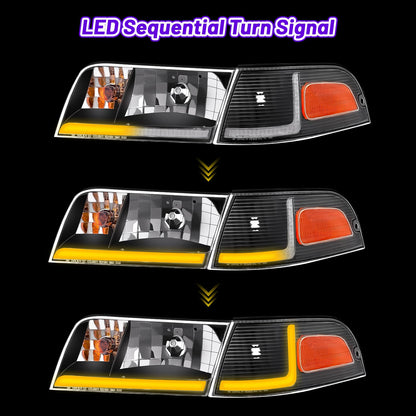 XGWZ Headlight Assembly LED DRL Compatible with 1998-2011 Ford Crown Victoria 98-11 Ford Crown Victoria w/Corner Headlamp (Black Housing Amber Reflector, B)