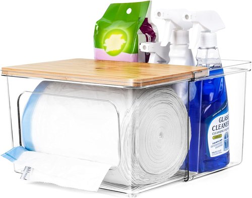 iCASA Trash Bag Dispenser - 2-in-1 Acrylic Organizer with Bamboo Lid | Holds Up to 100 Large Rolls