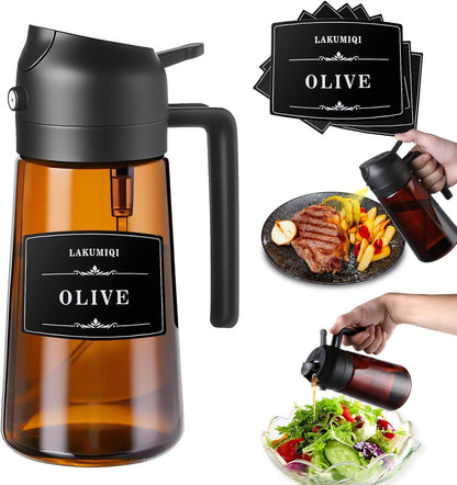 LAKUMIQI Olive Oil Sprayer - 2-in-1 Glass Dispenser & Cooking Mister, 16oz, Non-Aerosol, Leak-Resistant