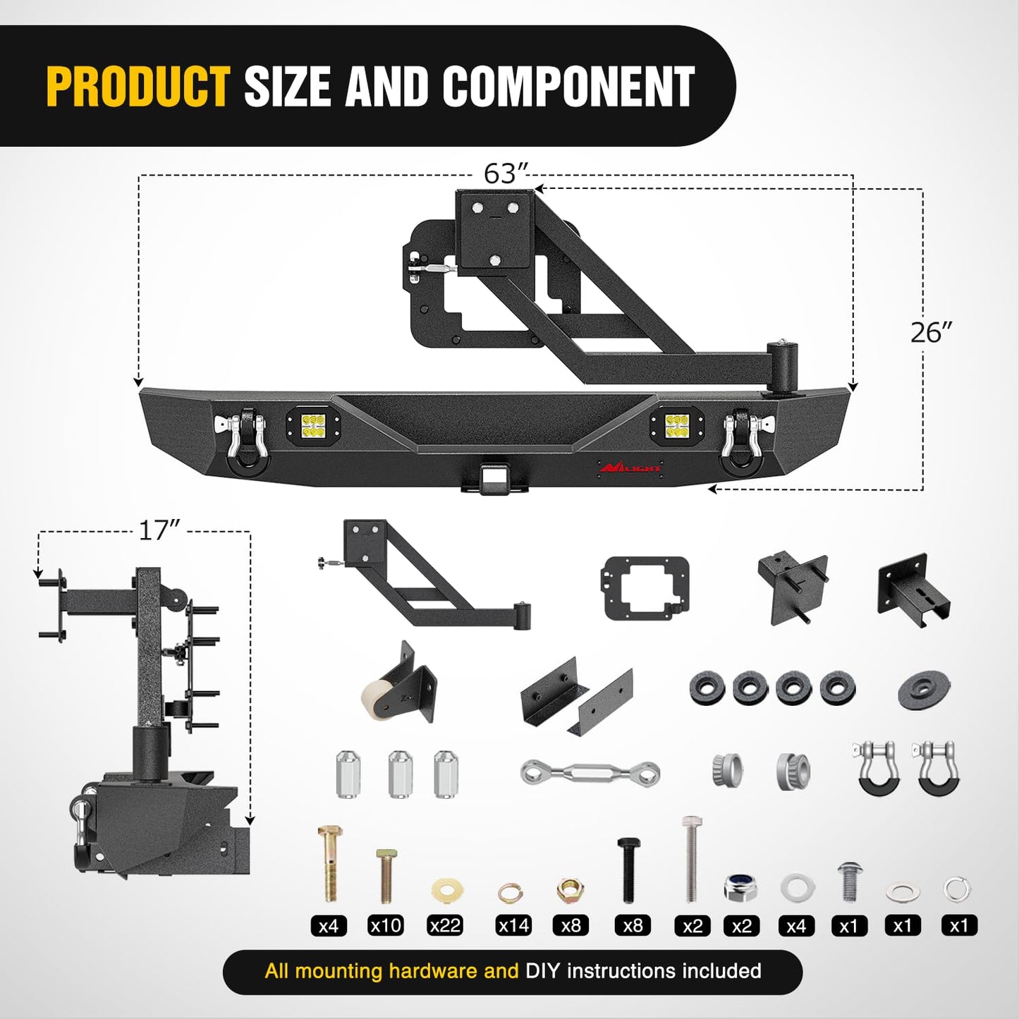 Nilight Rear Bumper with Spare Tire Carrier Compatible for 2007-2018 Wrangler JK & Unlimited (2/4 Doors) Hitch Receiver w 2 LED Lights D-rings