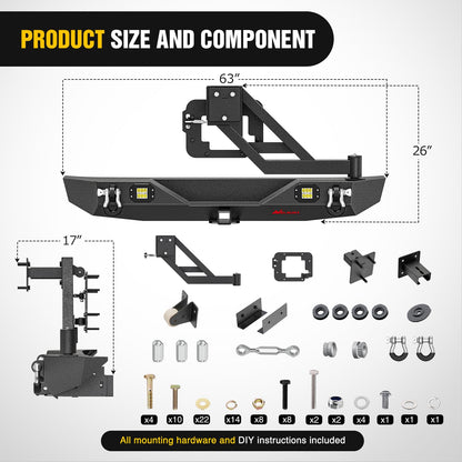 Nilight Rear Bumper with Spare Tire Carrier Compatible for 2007-2018 Wrangler JK & Unlimited (2/4 Doors) Hitch Receiver w 2 LED Lights D-rings