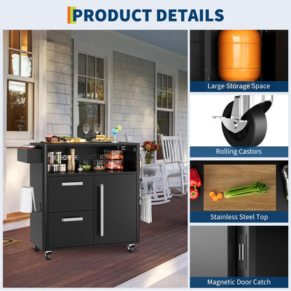 Heavy-Duty Outdoor Grill Cart with Stainless Steel Prep Table,Mobile BBQ Island Cart with Spacious Storage Cabinet & Lockable Wheels, Multi-Function Patio Kitchen Station for Grilling & Outdoor