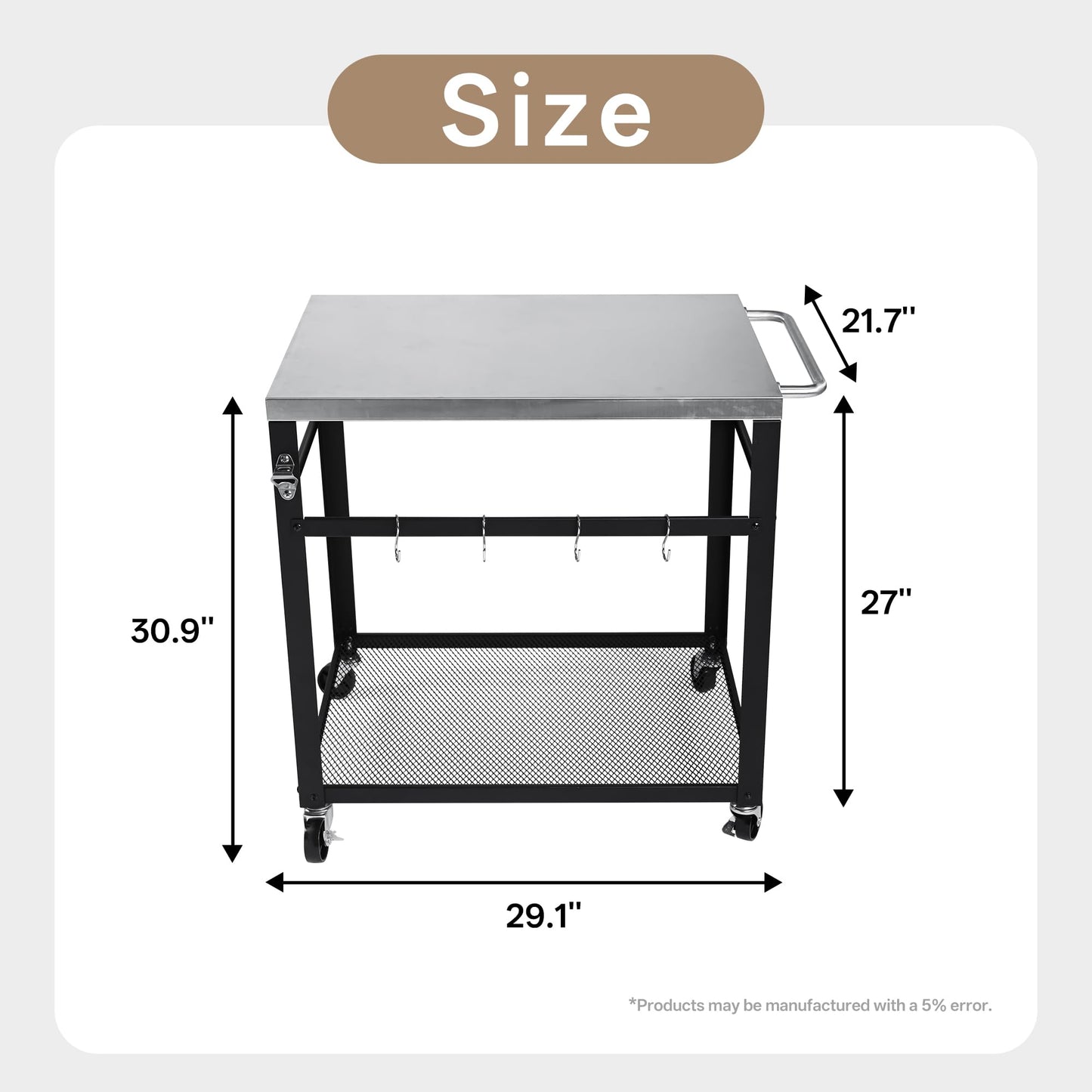 KEIKI 2-Tier Outdoor Grill Cart Table with 4 Wheels, Tool Hooks, Mesh Shelf, Movable BBQ Cooking Prep Table, Pizza Oven Table, Serving Bar Cart for Backyard, Indoor, Outside, Kitchen, Stainless Steel