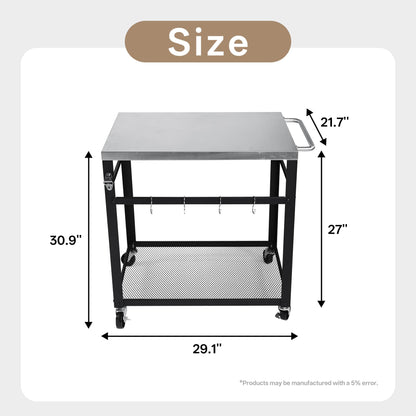 KEIKI 2-Tier Outdoor Grill Cart Table with 4 Wheels, Tool Hooks, Mesh Shelf, Movable BBQ Cooking Prep Table, Pizza Oven Table, Serving Bar Cart for Backyard, Indoor, Outside, Kitchen, Stainless Steel