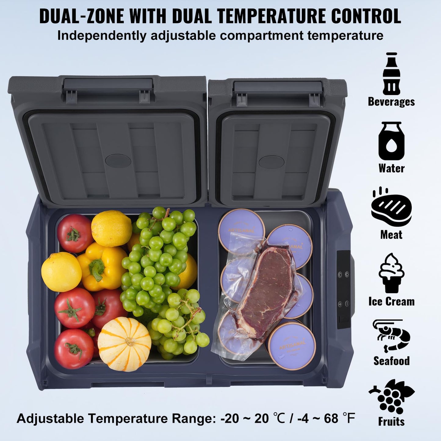 VEVOR NLS35, 12 Volt Car Refrigerator Fridge, 25Liter(26.4qt) Dual Zone Portable Freezer, -4℉-68℉ Adjustable Range, 12/24V DC and 100-240V AC Compressor Cooler for Outdoor, Camping, RV, Grey