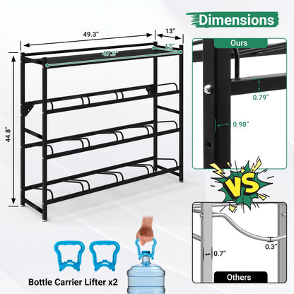 Eastrexon 5 Gallon Water Jug Holder Heavy Duty，4-Tier Water Jug Rack w/Top Shelf, Wall Mount Water Bottle Holder for 12 Bottles, Powder Coated Water Rack Stand for Home, Office, Restaurant, Gym.