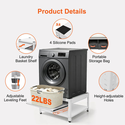 Washer and Dryer Pedestals, 28" L x 28" W Heavy Duty Metal Washer and Dryer Stand Universal Platform, Washer Dryer Pedestal with Basket Shelf, Portable Storage Bag, 4 Silicone Pads, Fit 800lbs, White