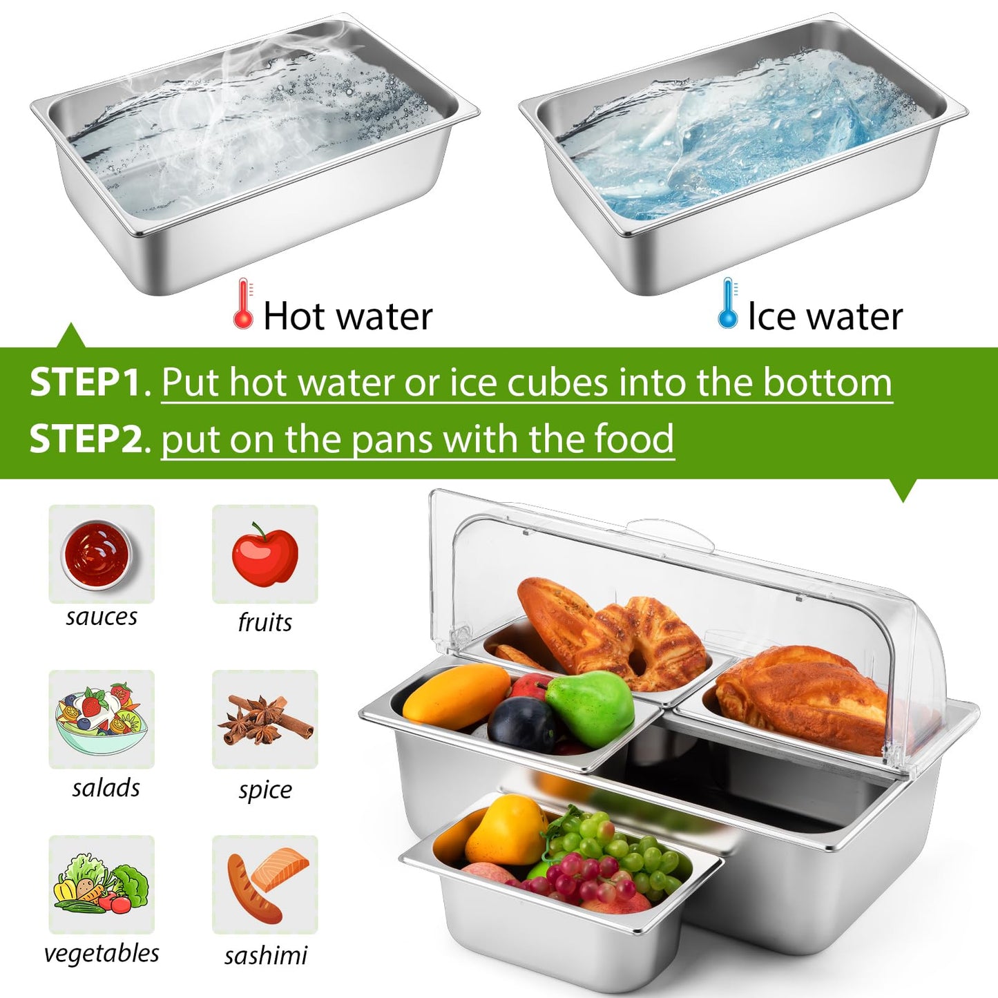 Ziliny Countertop Food Serving Display Container and Clear Roll Top Cover Stainless Steel Food Serving Tray Buffet Condiment Dispenser Display Rack for Restaurant Kitchen(Silver,21 x 13 x 13'')