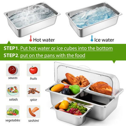 Ziliny Countertop Food Serving Display Container and Clear Roll Top Cover Stainless Steel Food Serving Tray Buffet Condiment Dispenser Display Rack for Restaurant Kitchen(Silver,21 x 13 x 13'')