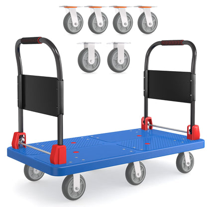 Heavy-Duty Platform Truck Cart with 2 Handrails and 6 of 6" Wheels 2200lbs Capacity Foldable Push Cart Dolly Large Flatbed Hand Cart Moving Dolly Cart for Groceries, Garage, Warehouse (50" L x 27" W)