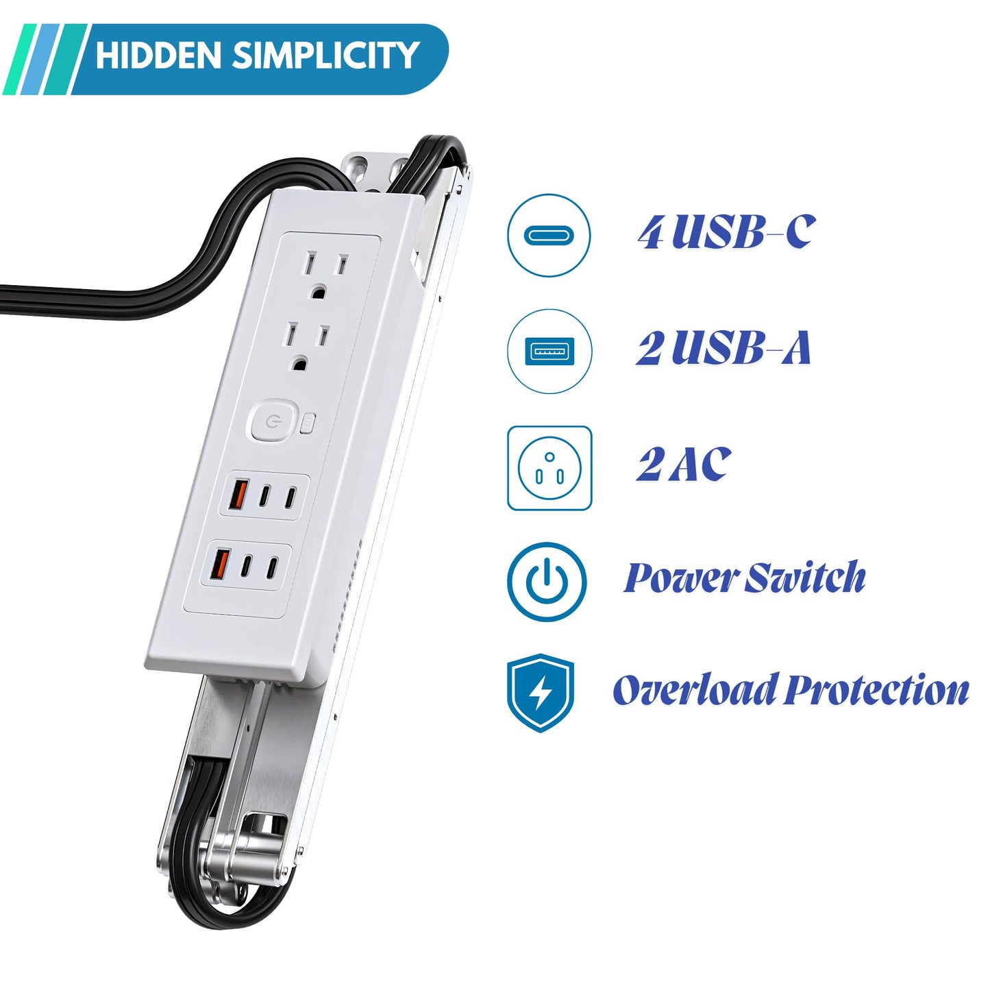Drawer Outlet Kit PD30W Fast Charging Station Type-C(4) Power Cabinet Plug Charging Strip Recessed Vanity Table Box Desk Nightstand Mount Organizer, 14 AWG Power Cable for Kitchen Bedroom-White