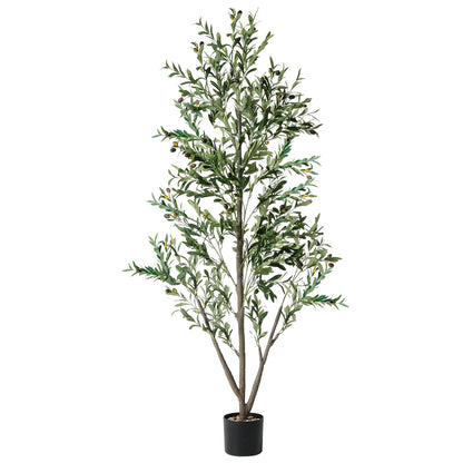 Artificial Olive Tree Indoor, 5Ft Faux Olive Trees Artificial Indoor with String Lights and Stones On Planter, Artificial Faux Plants with Natural Wood Trunk and Lifelike Fruits for Home Office Decor