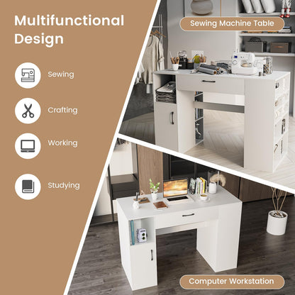 COSTWAY 36” Counter Height Sewing Table, 53 Inch Artwork Craft Table with 14 Open Compartments, 3-Position Adjustable Shelf, 1 Drawer & Cabinet, Project Center Desk Drafting Sewing Workstation, White