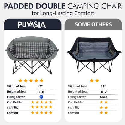 Double Camping Chairs Padded Loveseat Chair for 2 Person - Heavy Duty Oversized Camping Couch for Adults Outdoor Lawn Beach Portable Folding Sofa with Cup Holders Support 600lbs, Grey