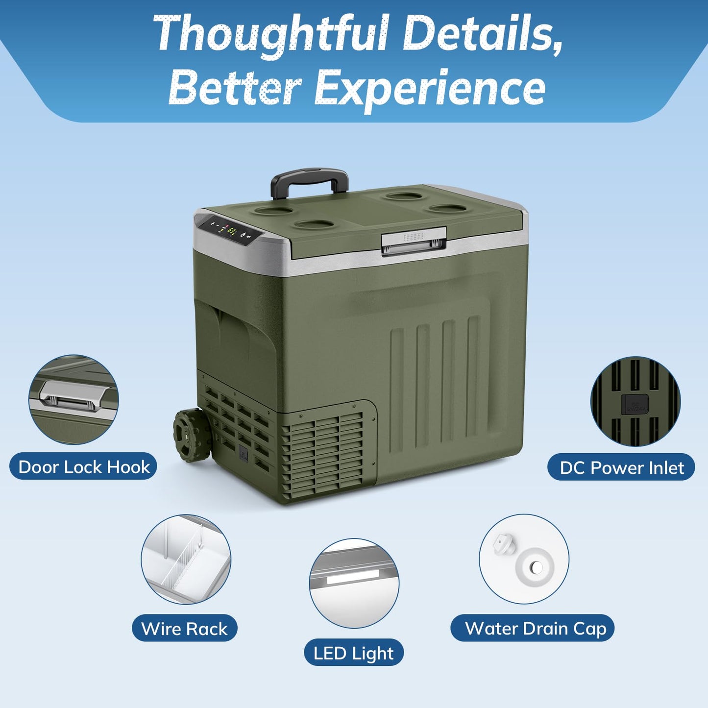 Antarctic Star 12 Volt Refrigerator,43QT(40L) Electric Cooler, Portable Refrigerator Freezer -4℉~68℉,12V 24V DC 100 240V AC Car Fridge with Wheels&2 Baskets for Camping,Travel,RV,Car,GREEN