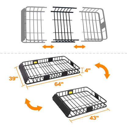 XCAR 64"x 39"x 4" Universal Roof Rack Basket Black with 3' x 4' Cargo Net and Rooftop Cargo Carrier Bag 15 Cubic ft - Car Top Luggage Storage Holder Baskets for SUV Truck Vehicle