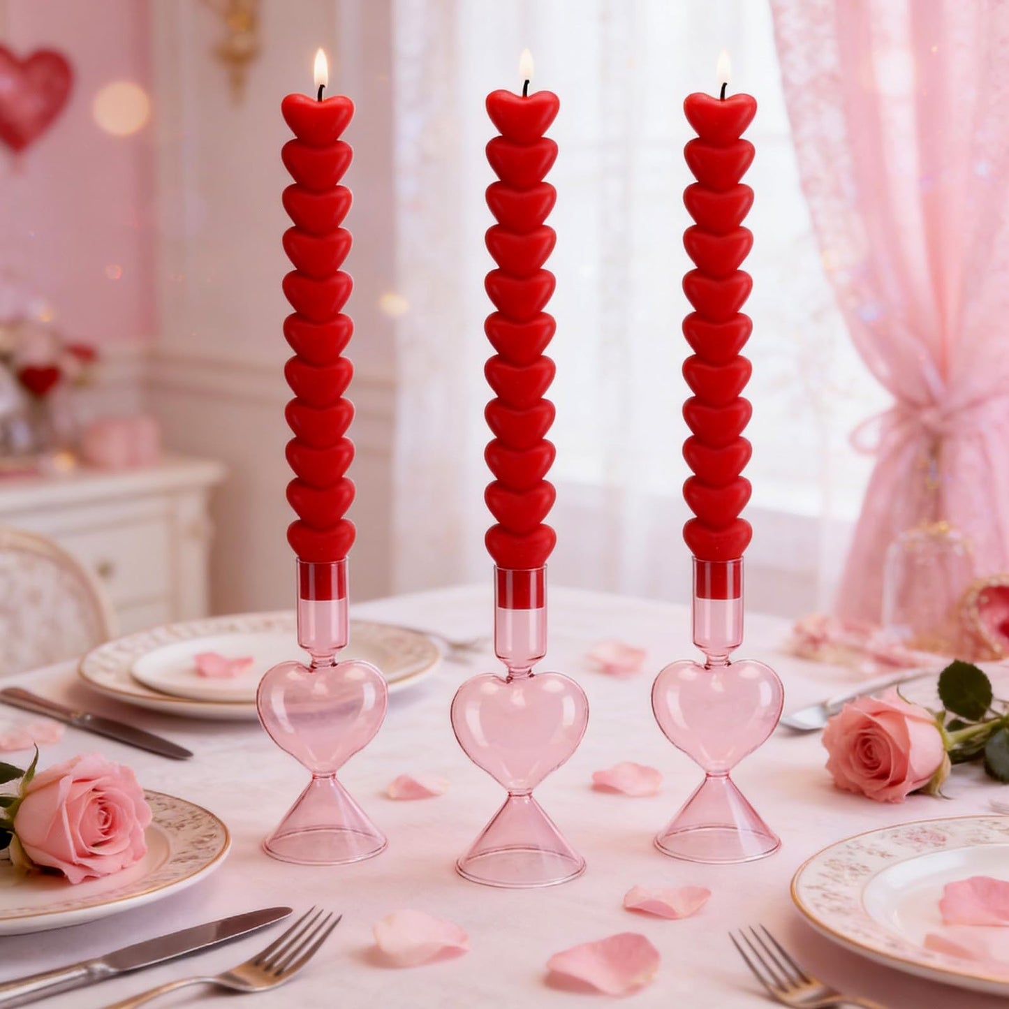 Treela 6 Pcs Valentine's Day Decor Heart Taper Candle Gift Sets 3 Red Unscented Taper Candles 3 Glass Heart Candlestick Holders Valentine Gifts for Wedding Anniversary Bachelorette Party Supplies