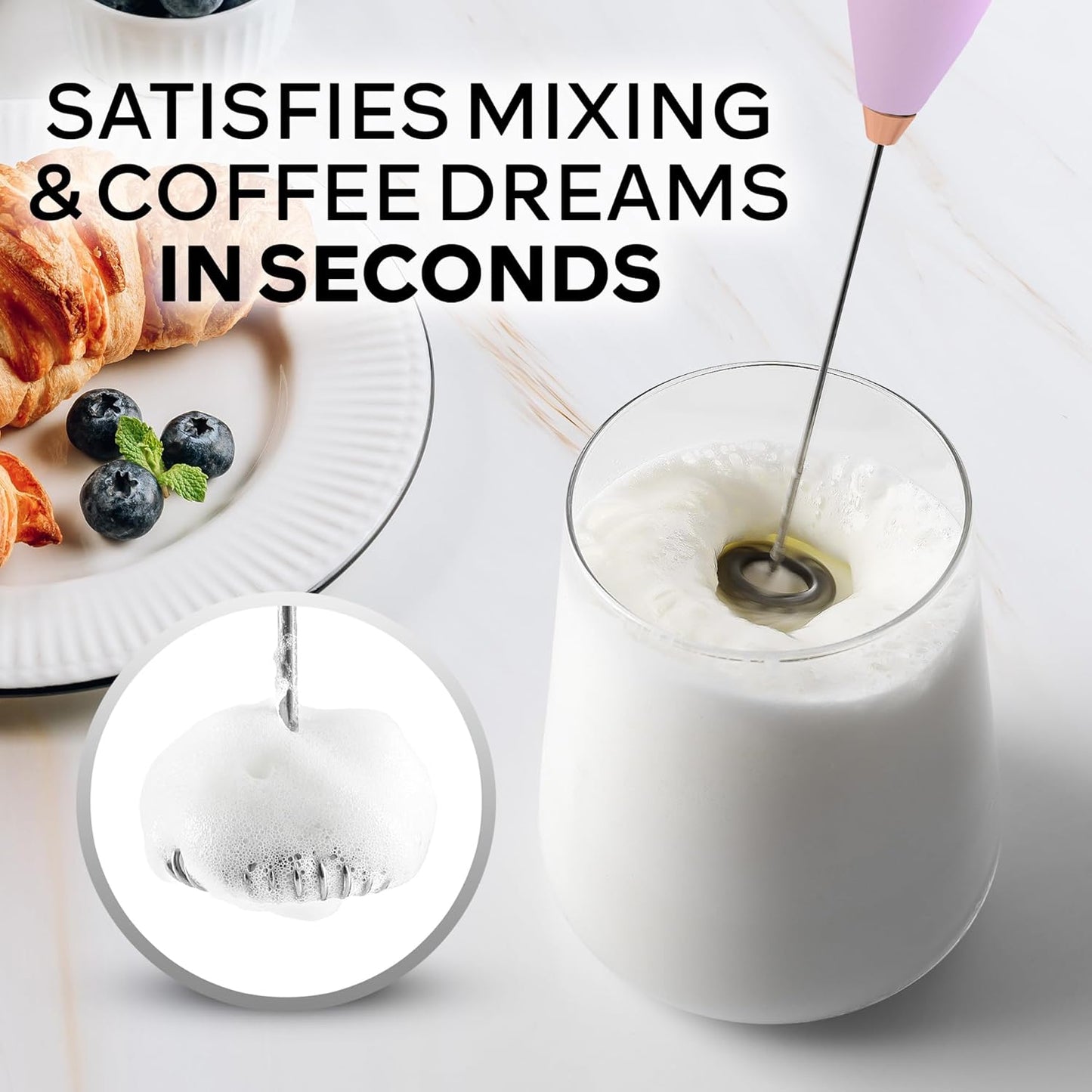 Zulay Kitchen Milk Frother Wand - Ultra Fast Handheld Drink Mixer with 4 AA Duracell Batteries | Lilac & Rose Gold