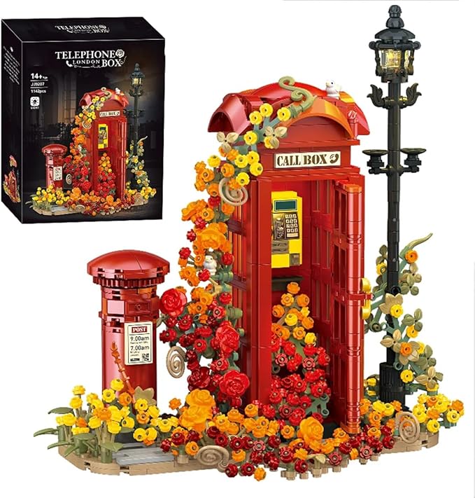 London Retro Red Telephone Booth Architecture Set with LED Lighting Creative Flores Phone Box for The Office and Home Set Adult Collector Decor 1142pcs