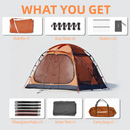 EchoSmile 3-5 Person Family Camping Tent, Waterproof Windproof Heavy Duty Dome Shelter, Easy Setup Multi-Pole Cabana with Extra Storage Room for Wet Bags & Shoes, Outdoor Hiking Travel - Orange
