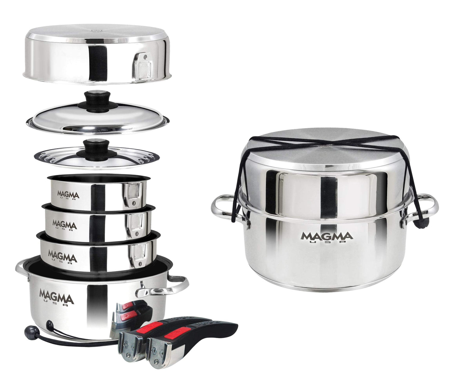 Magma 10 Piece Gourmet Nesting Stainless Steel Cookware Set with Ceramica Non-Stick, Induction Compatible, Oven Safe to 500°F - Suitable for All Stovetops, Removable Handles, Silver