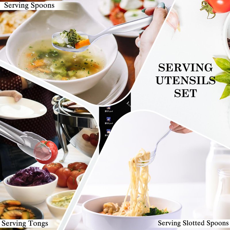 Mwellewm 36Pcs Serving Utensils Large Plastic Serving Utensils Set Serving Spoons for Buffet Clear Disposable Plastic Tongs 8.5'' Heavy Duty Slotted Spoons/Forks Supplies for Party Food Salad Soup
