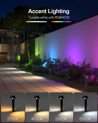Lumary Smart Pathway Lights Pro 700LM, RGBAICW Color Changing Landscape Lights with 8 Adjustable 355° Spot Lights IP65 Waterproof, 48FT Wired Outdoor Landscape Lighting, WiFi APP/Voice/Remote (4 Pack)