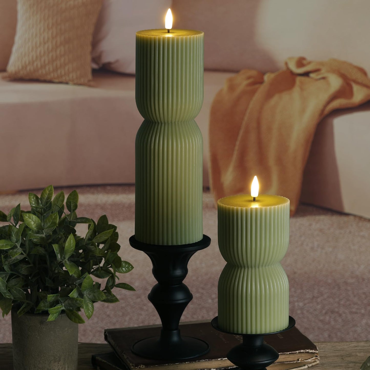 Girimax Olive Green Ribbed Flameless Pillar Candles with Remote, LED Candles Battery Operated Flickering Real Wax Set of 2