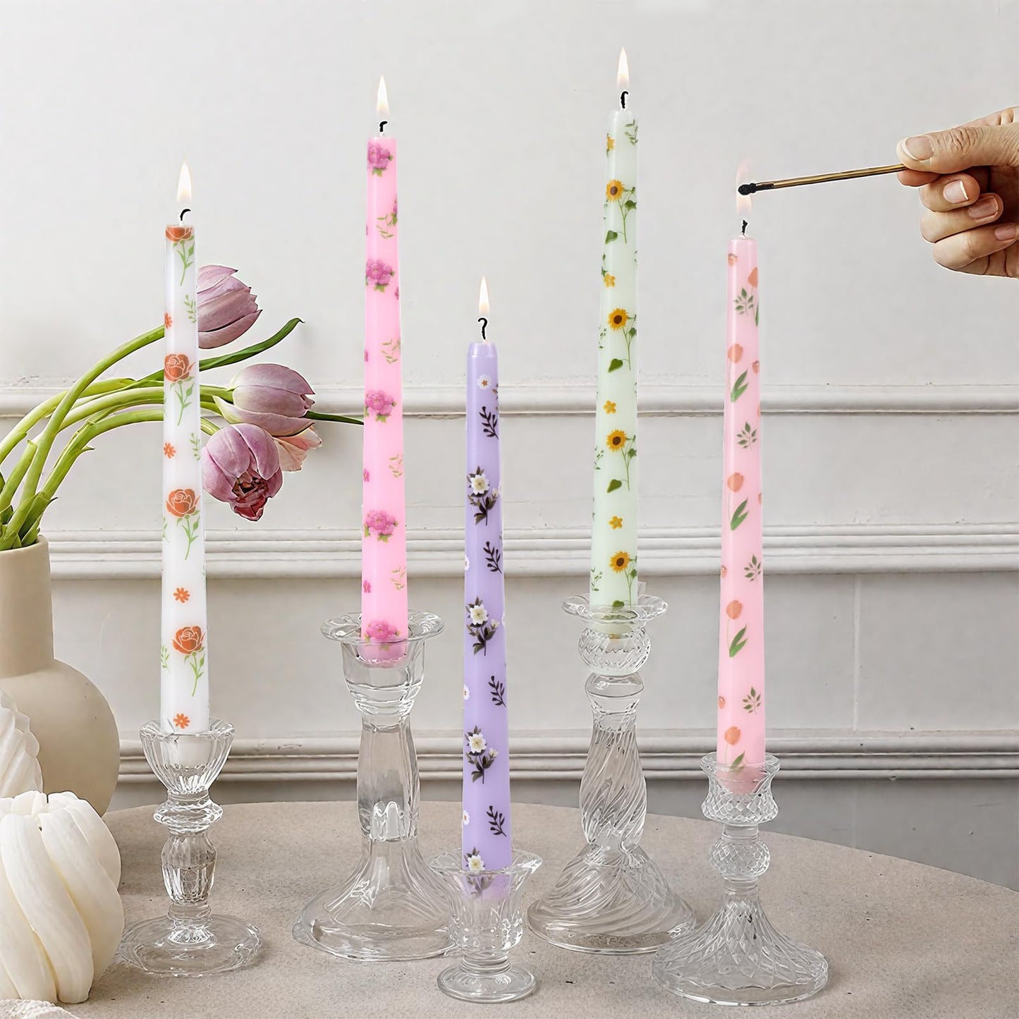 Taper Candles,10 inch 2pc White Tapered Candles with Red Rose Printed, Unscented and Smokeless Long Burning Candles,Tall Candlesticks with Cotton Wicks,Ideal for Weddings, Home Décor