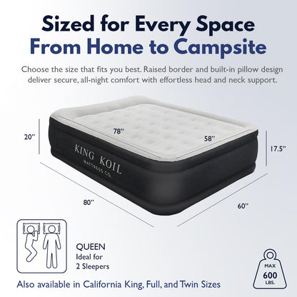 King Koil Luxury Pillow Top Plush Queen Air Mattress with Built-in High-Speed Pump Best for Home, Camping, Guests, 20" Queen Size Double Airbed Adjustable Blow Up Mattress, Waterproof, 1-Year Warranty