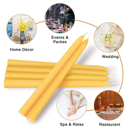 10 Pack 100% Pure Natural Beeswax Taper Candles, 6 Hours Long Burning Emergency Beeswax Candles Sticks, 6 inch Organic Bees Wax for Home, Prayer, Christmas, Party | Unscented, Smokeless, Dripless