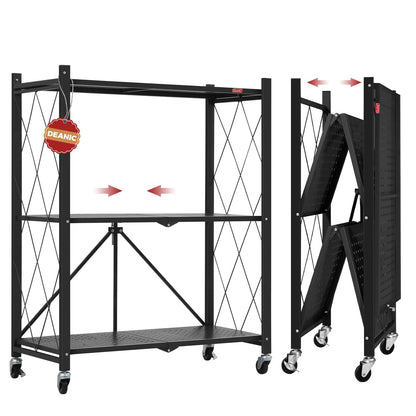DEANIC 3 Tier Foldable Storage Shelves with Wheels, Large Capacity Shelving Unit, Freestanding Metal Wire Shelf Rack, No Assembly Organizer Rack for Garage Kitchen, Basement, Pantry(Black,3 Pack)