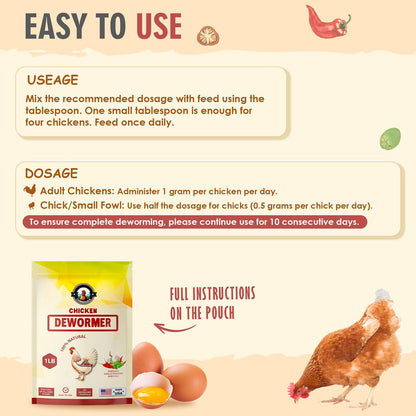 Natural Chicken Dewormer Powder - Chili Mix Formula | 1LB XL Pouch for Laying Hens & Gut Health Support