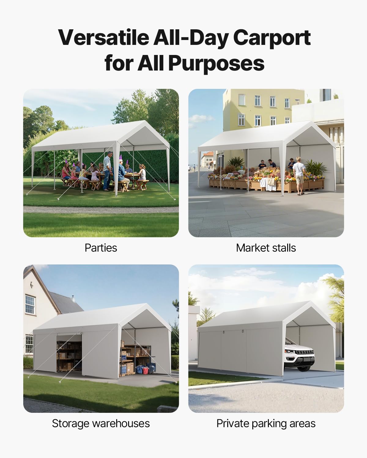 VEVOR Carport, 10 x 20 FT Outdoor Car Canopy, Potable Carport with Removable Sidewalls & Door, Heavy Duty Car Shelter, UV-Resistant & Water-Resistant, All-Season Protection for Automobile Boat White