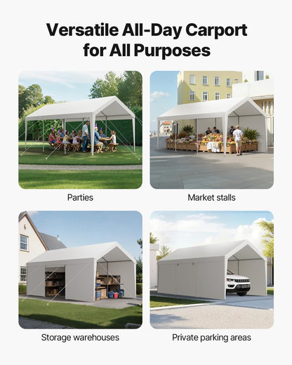 VEVOR Carport, 10 x 20 FT Outdoor Car Canopy, Potable Carport with Removable Sidewalls & Door, Heavy Duty Car Shelter, UV-Resistant & Water-Resistant, All-Season Protection for Automobile Boat White