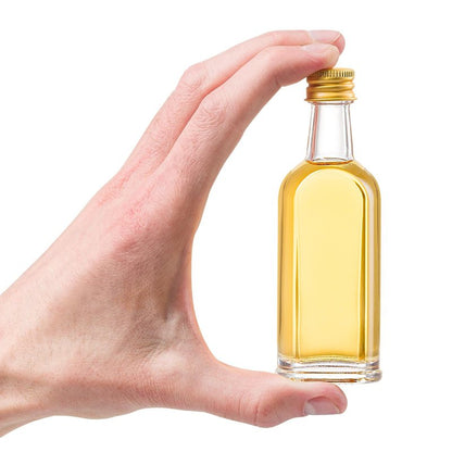PELLAH GOODS 50 ml (1.7oz) Mini Small Glass Bottles With Leak Proof Gold Caps, Aluminum Lids, 24 Pack, For Liquor Wine Alcohol Ginger Shots Samples Decorative