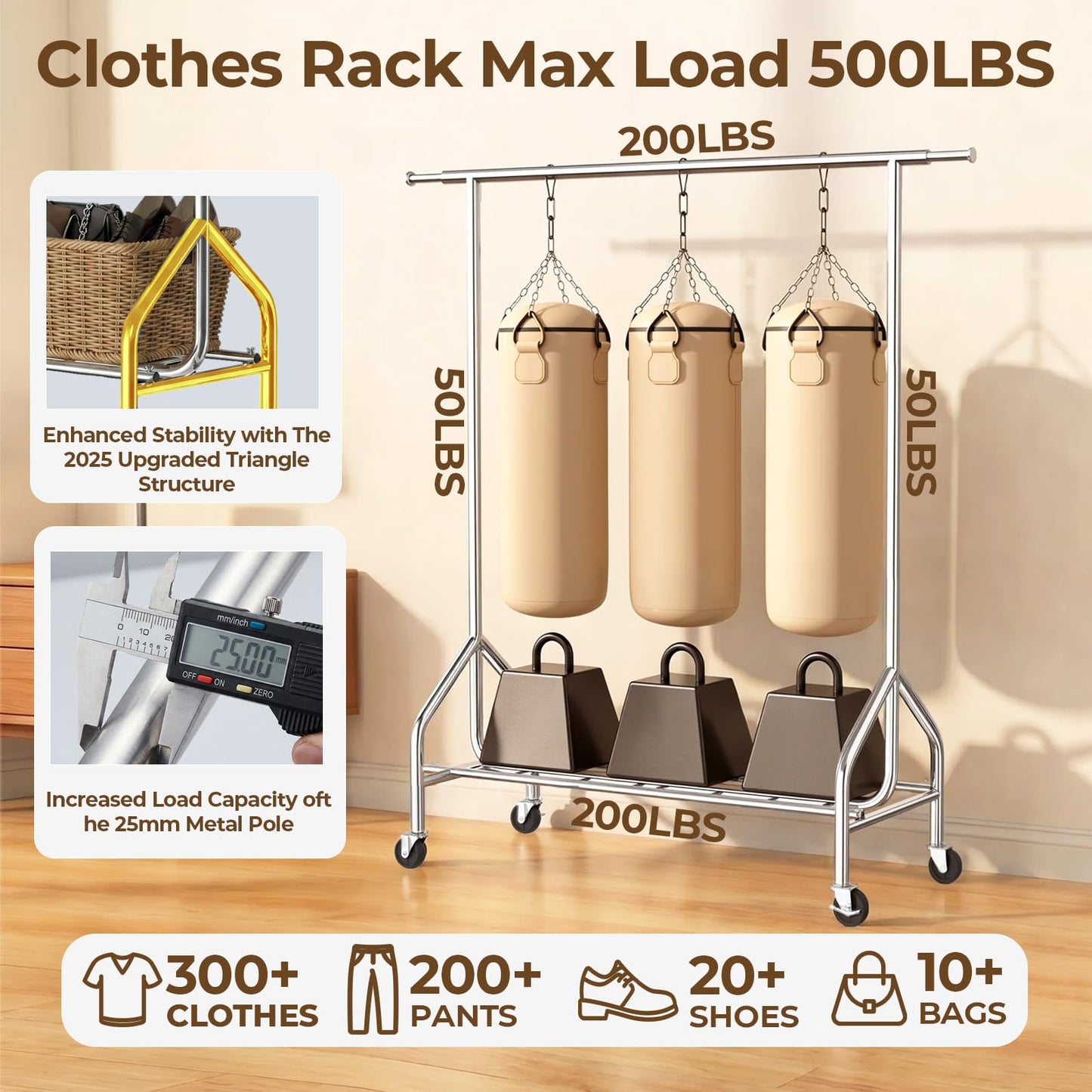 Okmeilnk Heavy Duty Clothes Rack Load 500 LBS，Clothes Rack for Hanging Clothes，Rolling Garment Rack, Adjustable Freestanding Wardrobe Closet Coat Rack for Bedroom Laundry Living Room, Silver